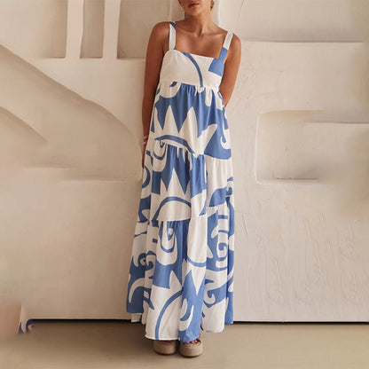 Robe Femme Bretelles Fines Sans Manches Longueur Maxi – Taille Mi-Haute