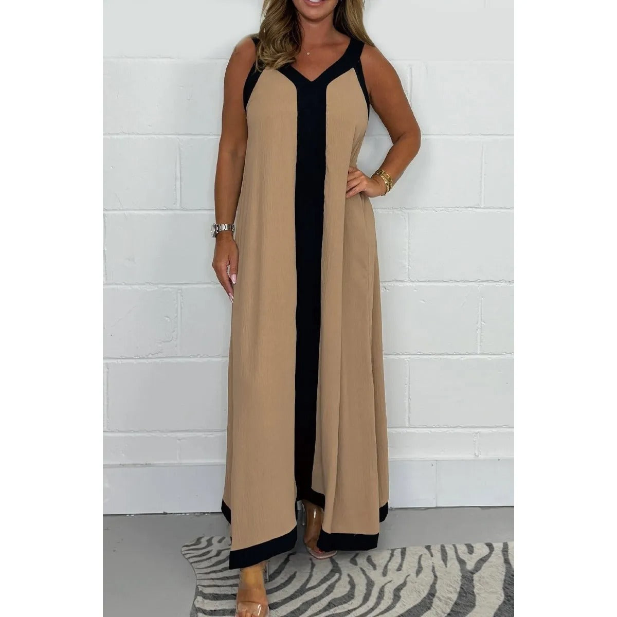 Robe Longue Femme sans Manches Bicolore – Col V Coupe Ample