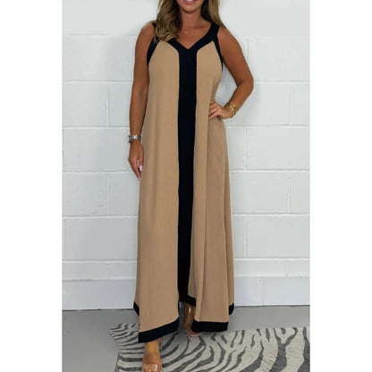 Robe Longue Femme sans Manches Bicolore – Col V Coupe Ample