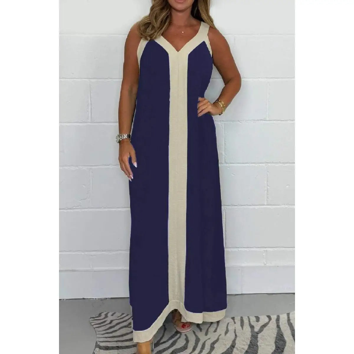 Robe Longue Femme sans Manches Bicolore – Col V Coupe Ample
