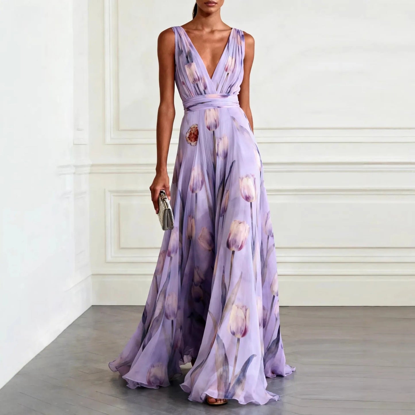 Robe Longue Femme en Mousseline – Col V Sans Manches à Imprimé Floral