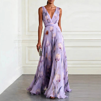 Robe Longue Femme en Mousseline – Col V Sans Manches à Imprimé Floral