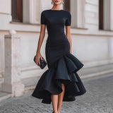 Robe Femme Longue Asymétrique à Volants – Silhouette Élégante et Gainante