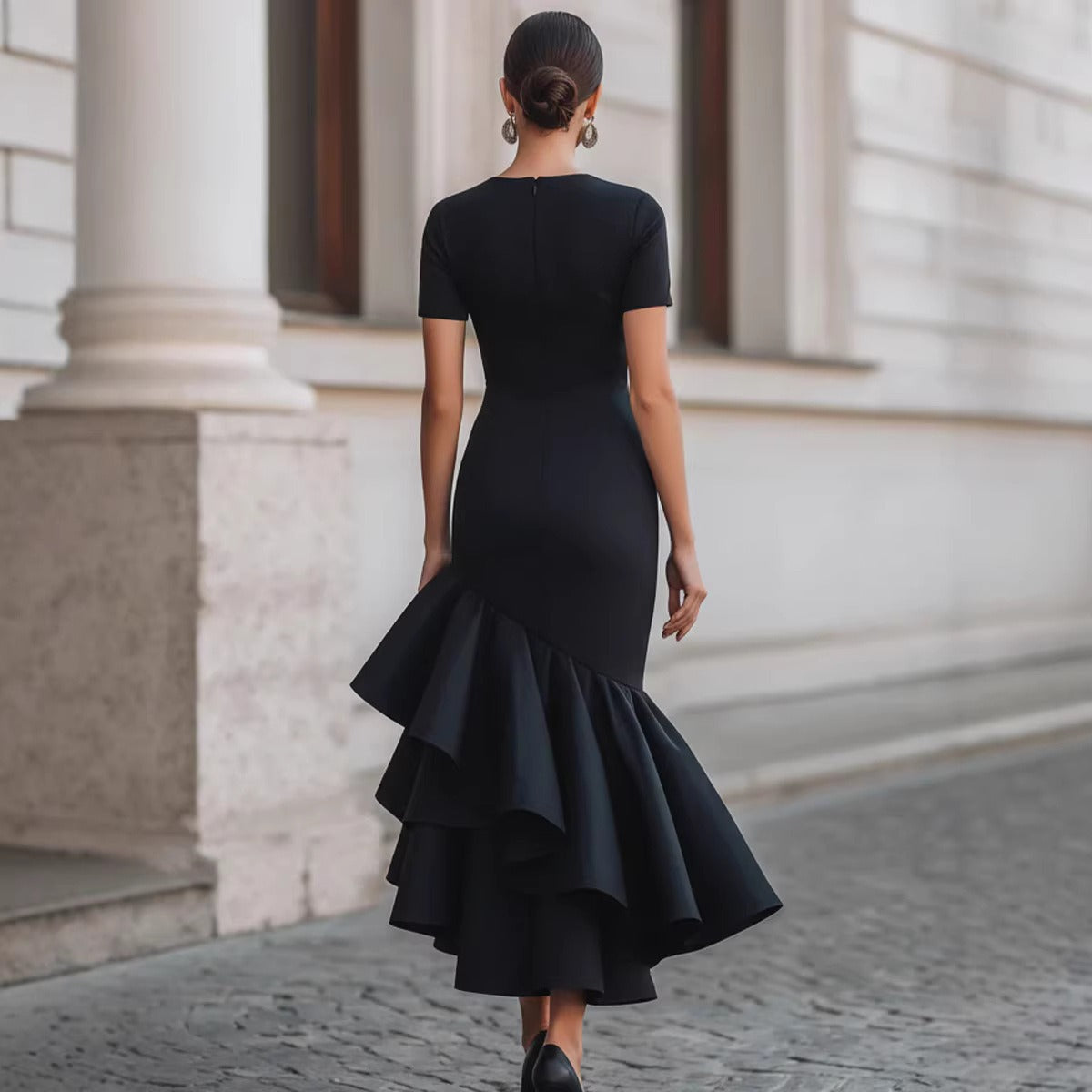 Robe Femme Longue Asymétrique à Volants – Silhouette Élégante et Gainante
