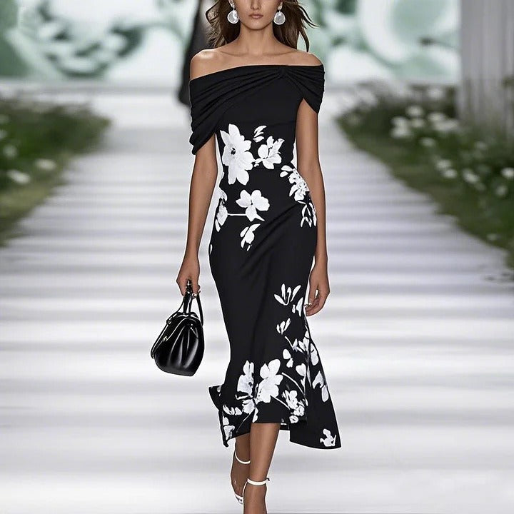 Robe Midi Femme Fleurie – Col Bardot Ajustée