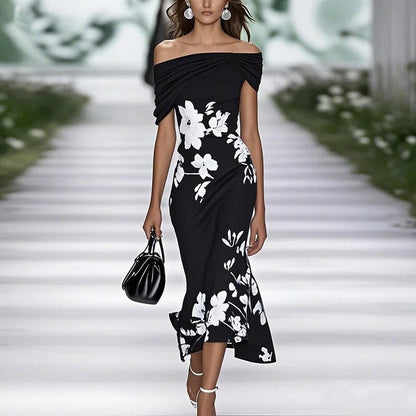 Robe Midi Femme Fleurie – Col Bardot Ajustée