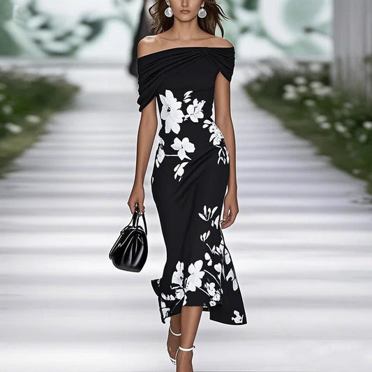 Robe Midi Femme Fleurie – Col Bardot Ajustée