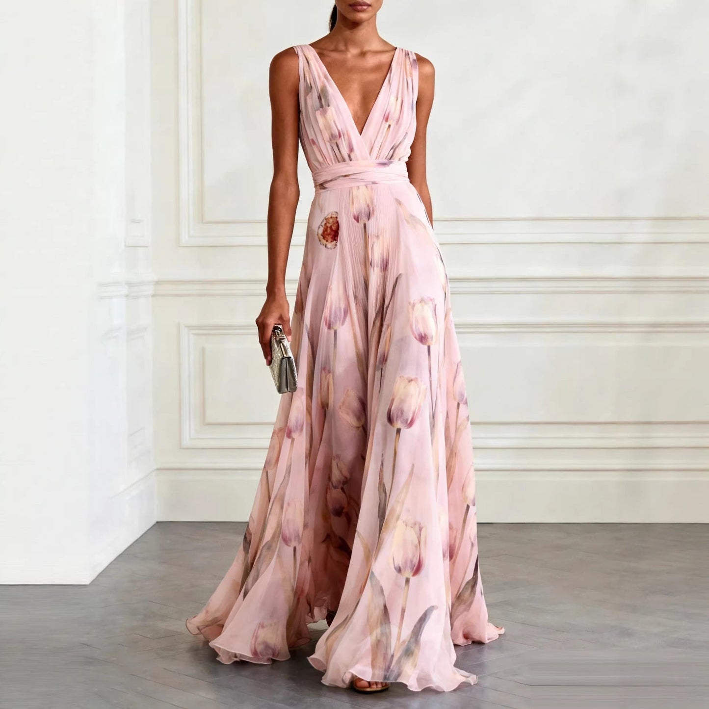 Robe Longue Femme en Mousseline – Col V Sans Manches à Imprimé Floral