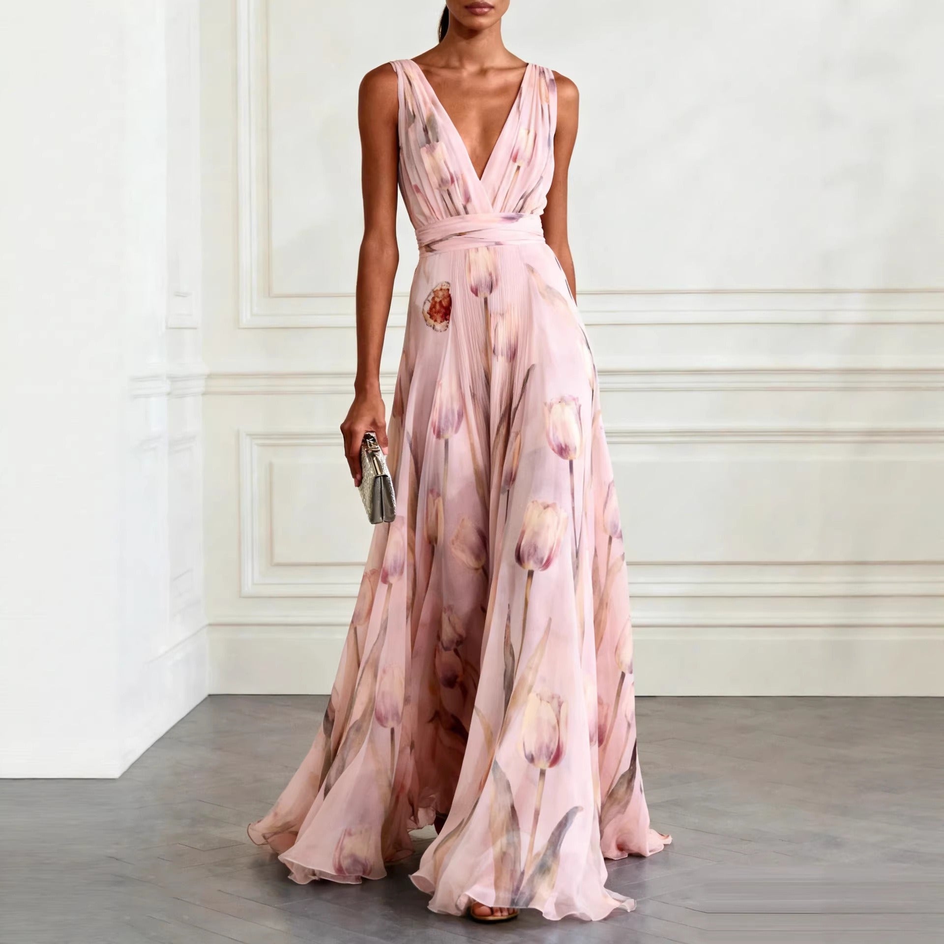 Robe Longue Femme en Mousseline – Col V Sans Manches à Imprimé Floral