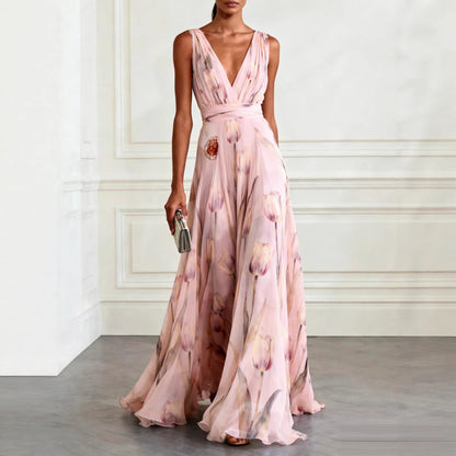 Robe Longue Femme en Mousseline – Col V Sans Manches à Imprimé Floral