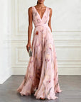 Robe Longue Femme en Mousseline – Col V Sans Manches à Imprimé Floral