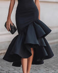 Robe Femme Longue Asymétrique à Volants – Silhouette Élégante et Gainante