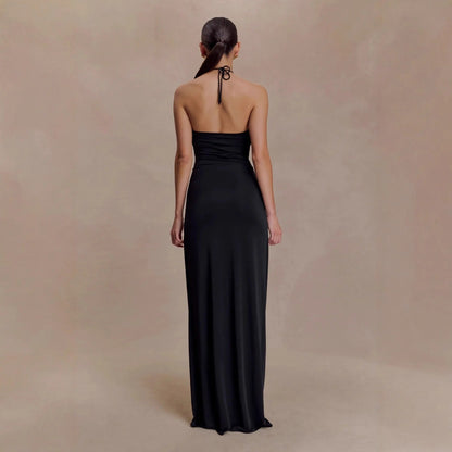 Robe Longue Femme Dos Nu Col Licou – Détail Anneau Métallique à la Taille