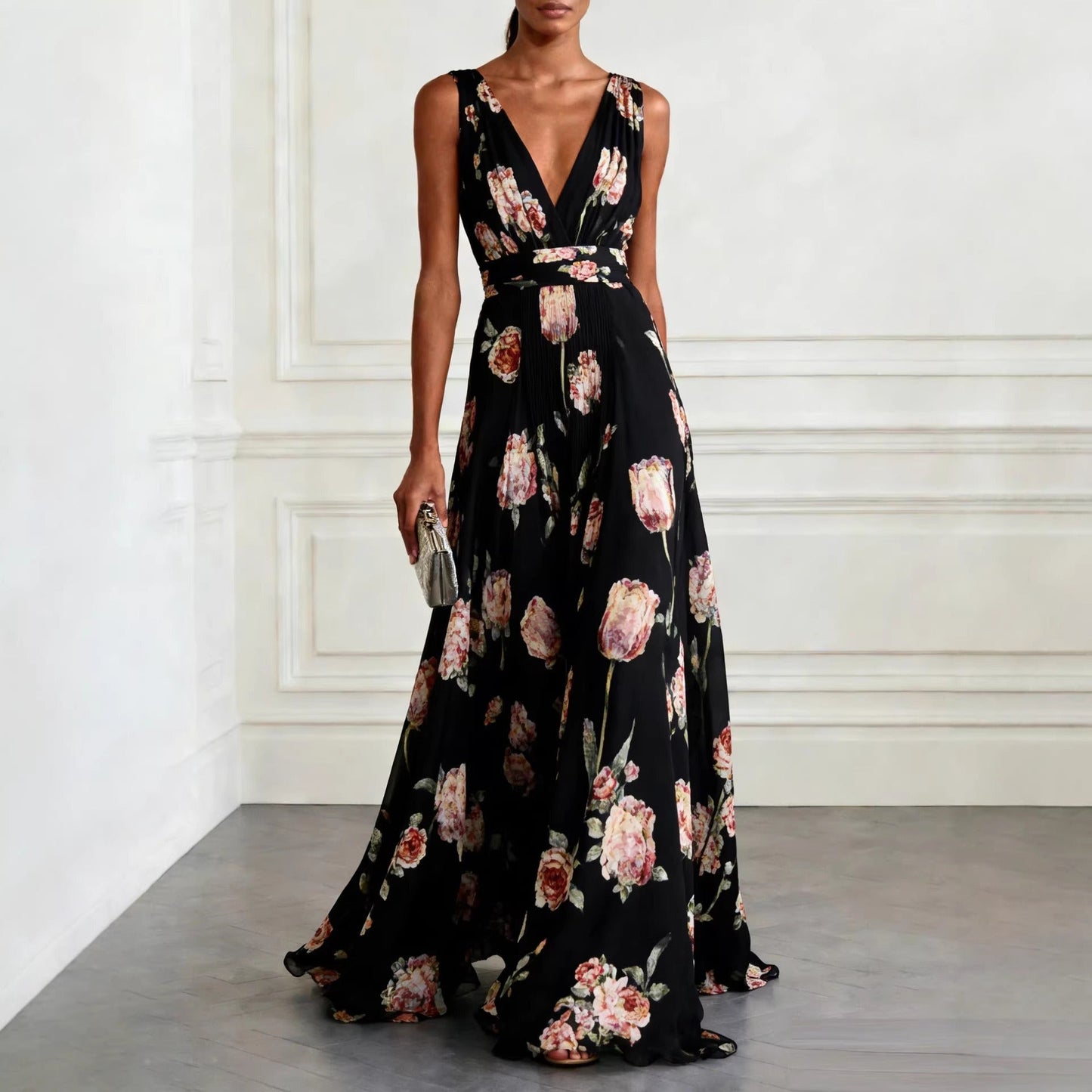 Robe Longue Femme en Mousseline – Col V Sans Manches à Imprimé Floral