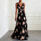 Robe Longue Femme en Mousseline – Col V Sans Manches à Imprimé Floral