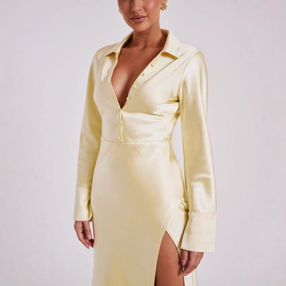 Robe Femme Satinée Manches Longues – Fendue et Élégante