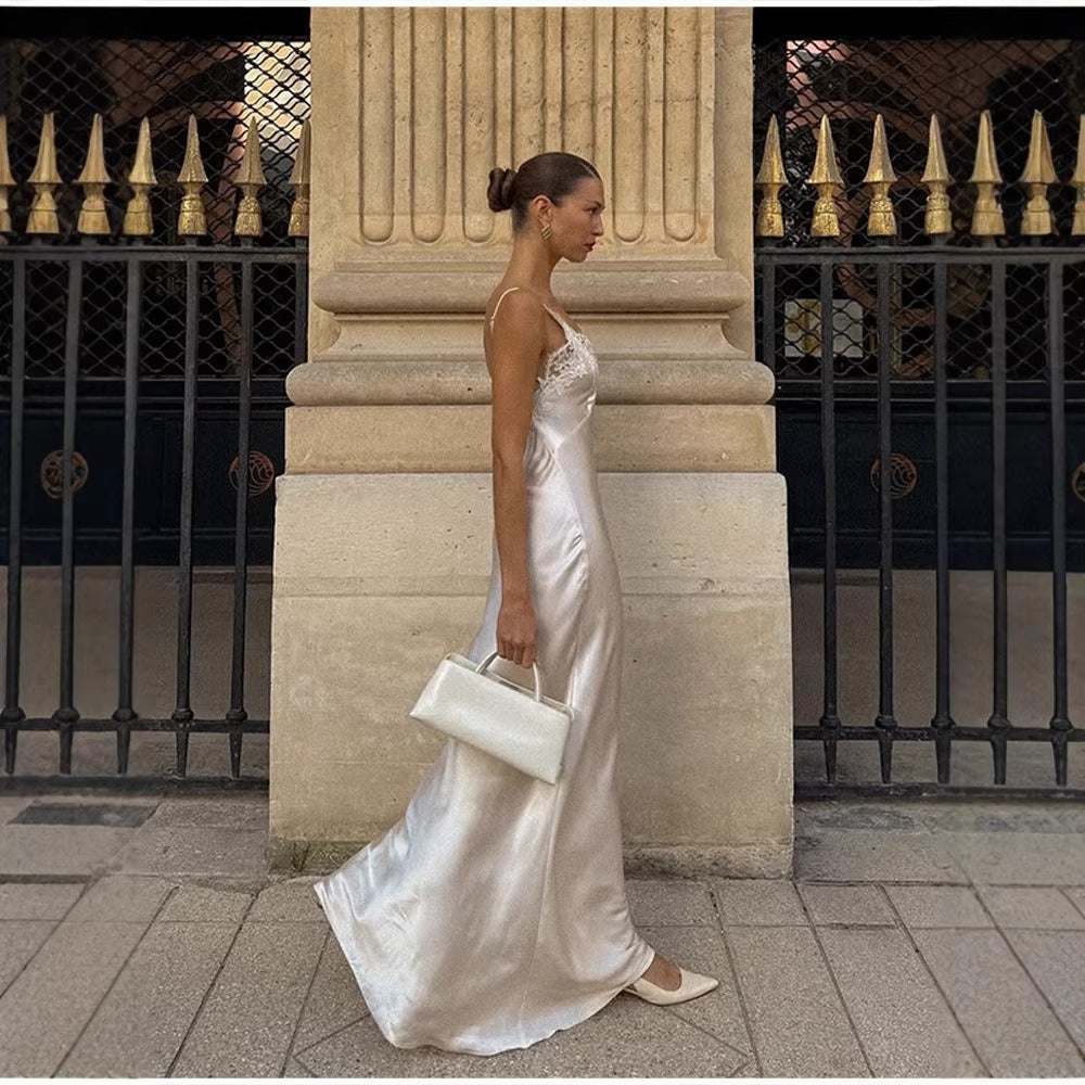 Robe Longue Femme – Tissu Satiné avec Dentelle Florale