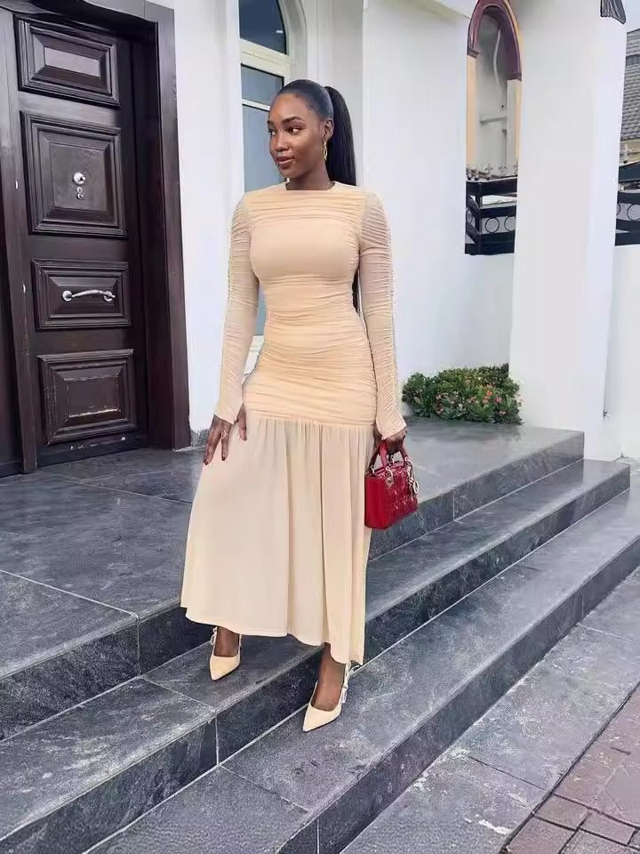 Robe Longue Femme Froncée – Col Rond Manches Longues Jupe Évasée