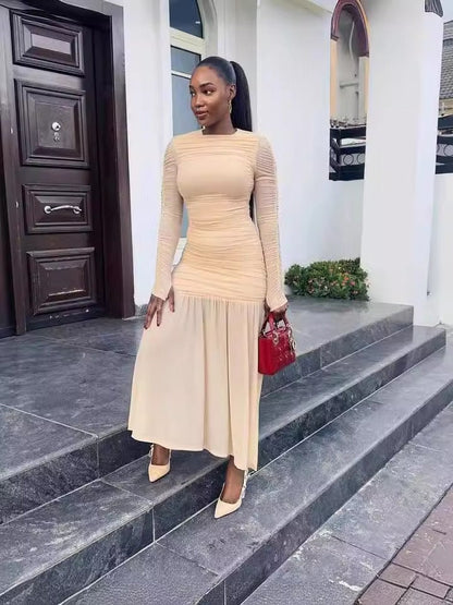 Robe Longue Femme Froncée – Col Rond Manches Longues Jupe Évasée