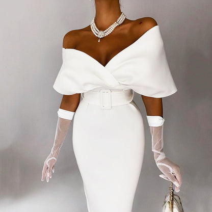 Robe Midi Femme Épaules Dénudées – Ceinturée Coupe Bodycon Structurée