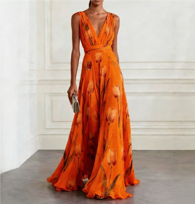 Robe Longue Femme en Mousseline – Col V Sans Manches à Imprimé Floral