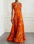 Robe Longue Femme en Mousseline – Col V Sans Manches à Imprimé Floral