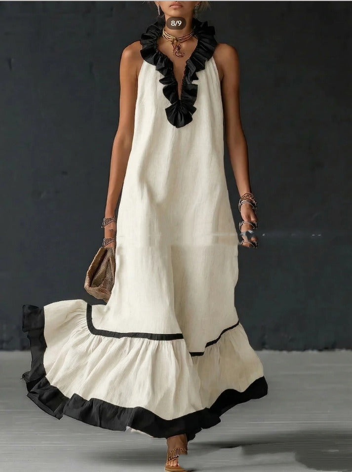 Robe Maxi Femme à Volants en Coton – Silhouette Trapèze Sans Manches