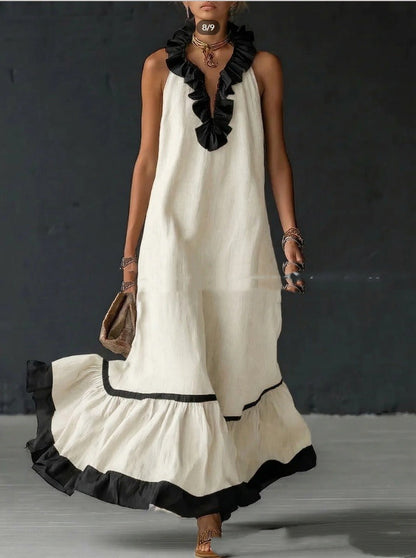 Robe Maxi Femme à Volants en Coton – Silhouette Trapèze Sans Manches