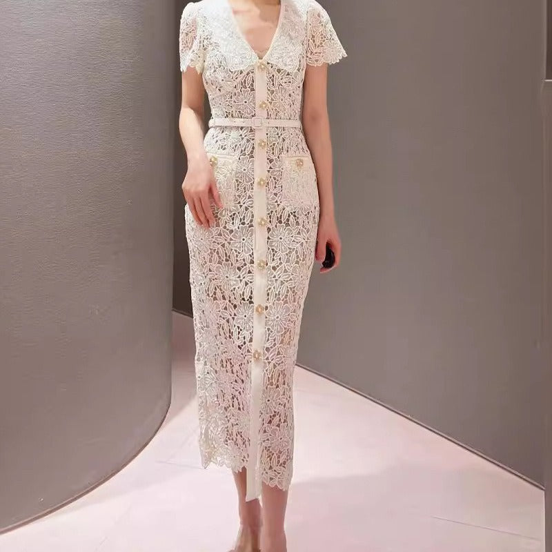 Robe Femme Manches Courtes Col Revers – Détail Dentelle Artisanale