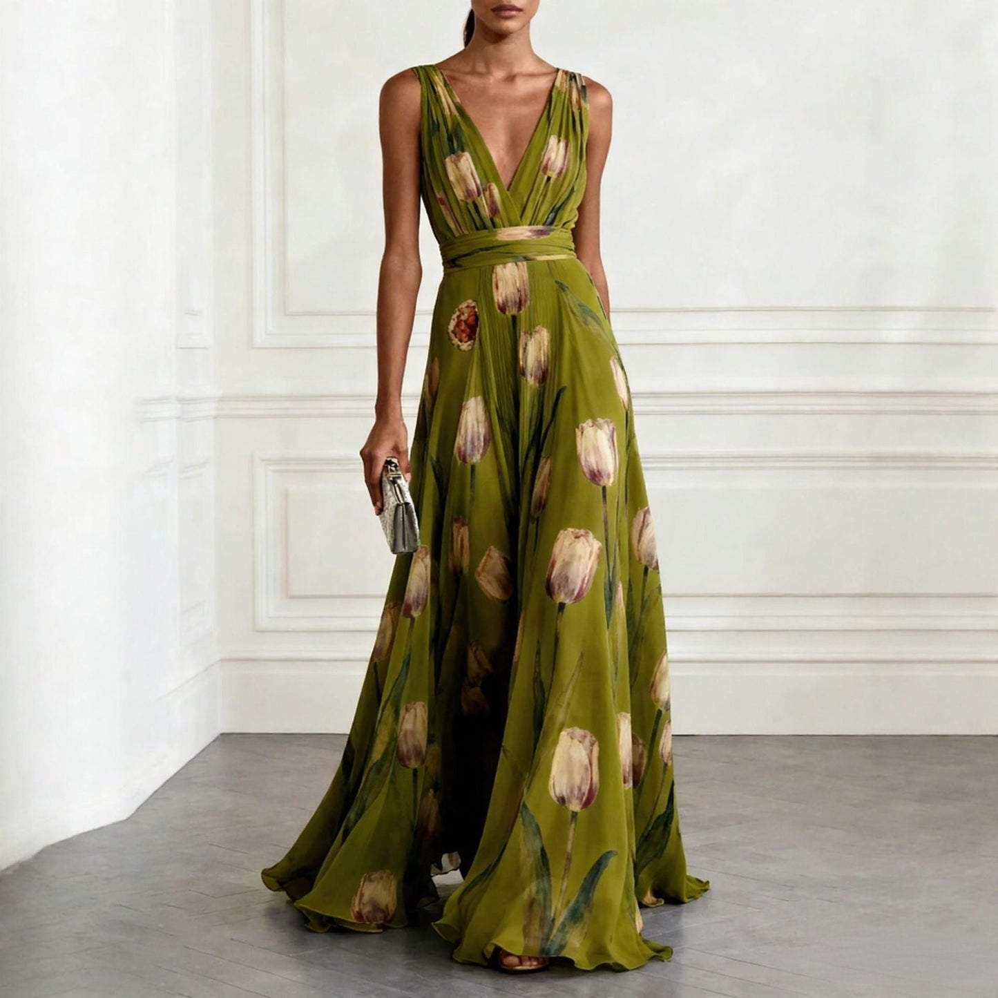 Robe Longue Femme en Mousseline – Col V Sans Manches à Imprimé Floral