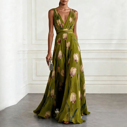Robe Longue Femme en Mousseline – Col V Sans Manches à Imprimé Floral