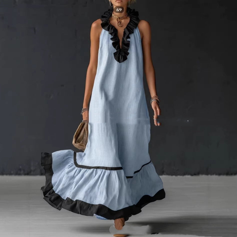 Robe Maxi Femme à Volants en Coton – Silhouette Trapèze Sans Manches