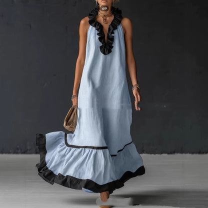 Robe Maxi Femme à Volants en Coton – Silhouette Trapèze Sans Manches