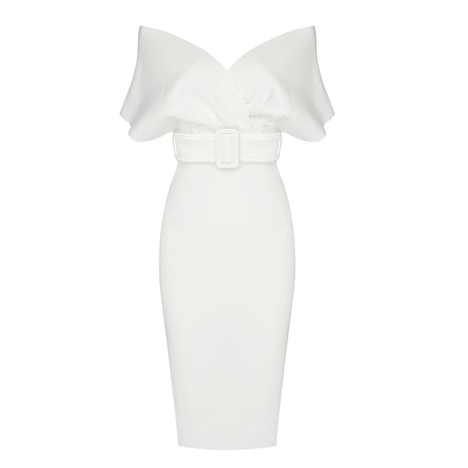 Robe Midi Femme Épaules Dénudées – Ceinturée Coupe Bodycon Structurée