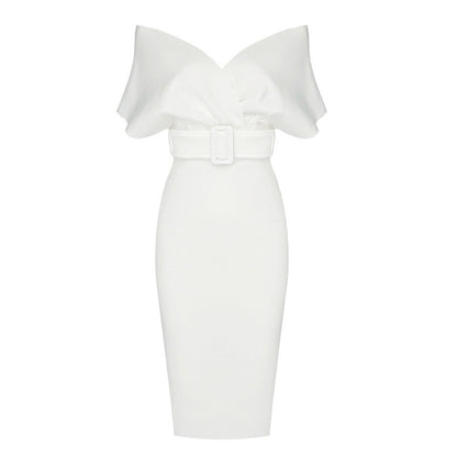 Robe Midi Femme Épaules Dénudées – Ceinturée Coupe Bodycon Structurée