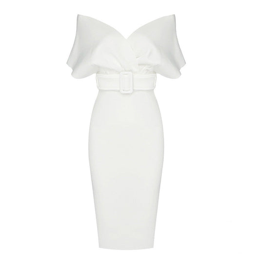 Robe Midi Femme Épaules Dénudées – Ceinturée Coupe Bodycon Structurée