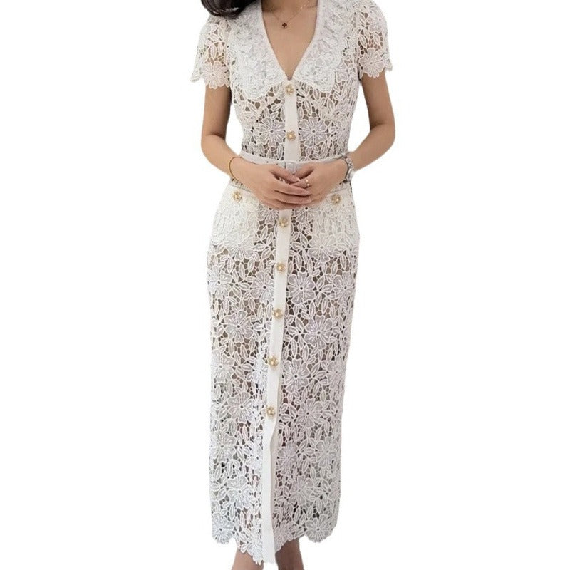 Robe Femme Manches Courtes Col Revers – Détail Dentelle Artisanale