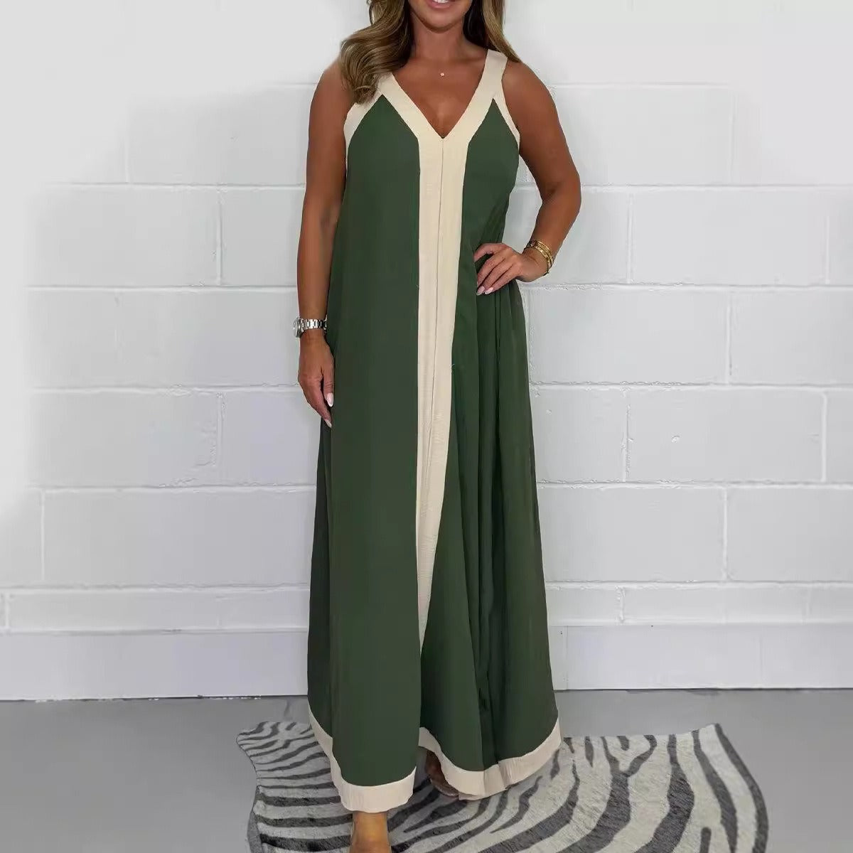 Robe Longue Femme sans Manches Bicolore – Col V Coupe Ample