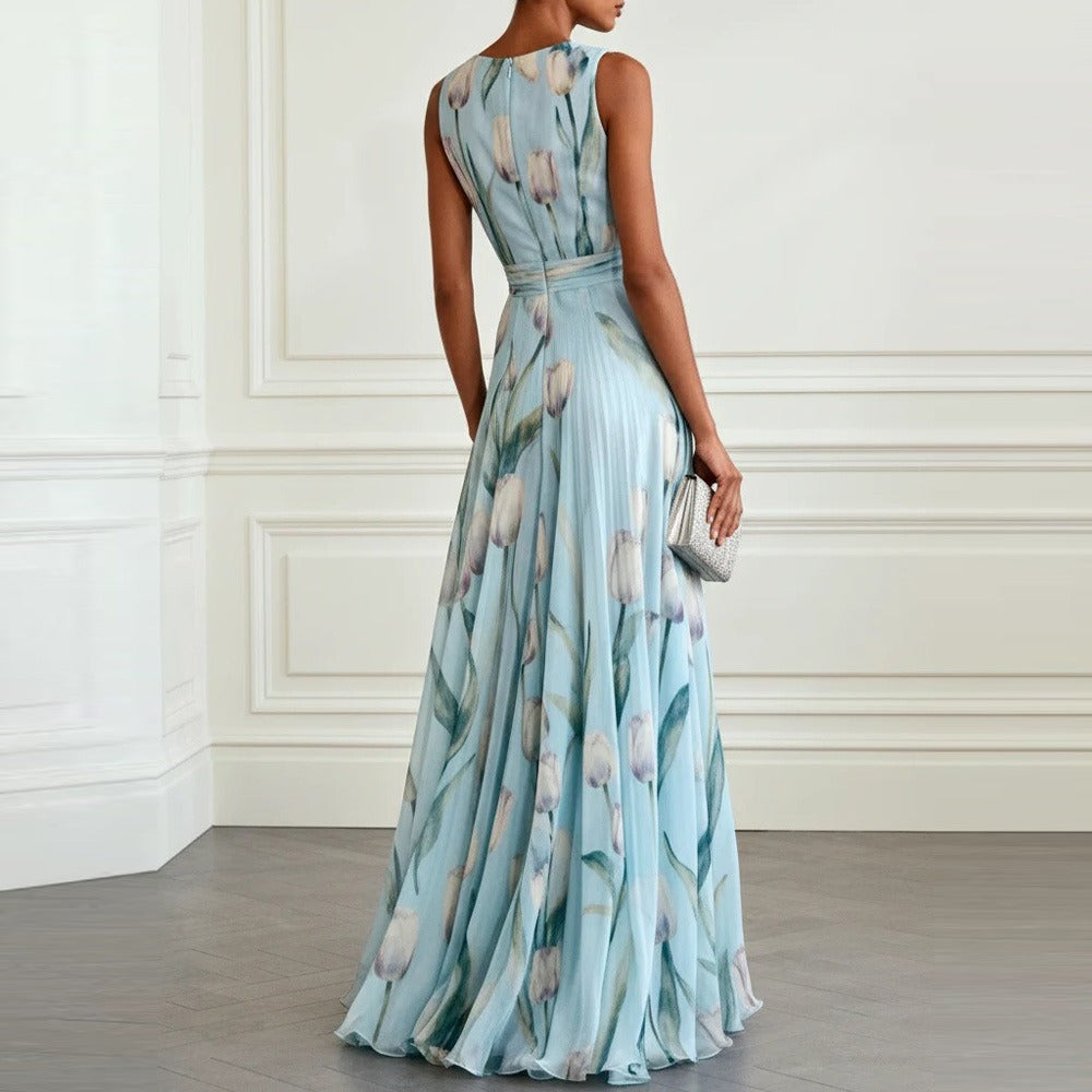Robe Longue Femme en Mousseline – Col V Sans Manches à Imprimé Floral