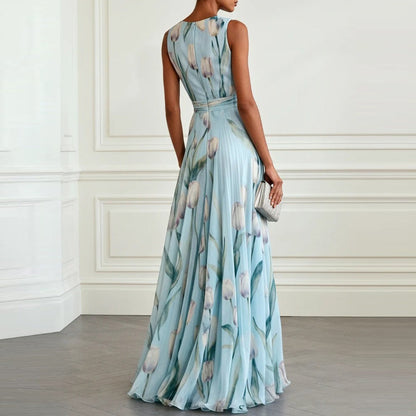 Robe Longue Femme en Mousseline – Col V Sans Manches à Imprimé Floral