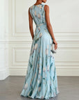 Robe Longue Femme en Mousseline – Col V Sans Manches à Imprimé Floral