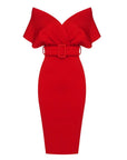 Robe Midi Femme Épaules Dénudées – Ceinturée Coupe Bodycon Structurée
