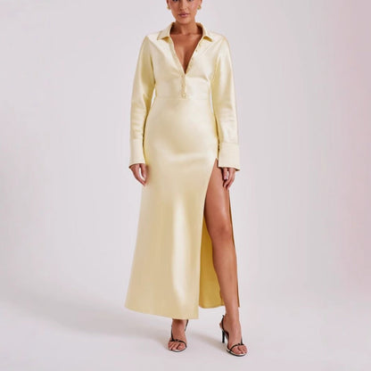 Robe Femme Satinée Manches Longues – Fendue et Élégante