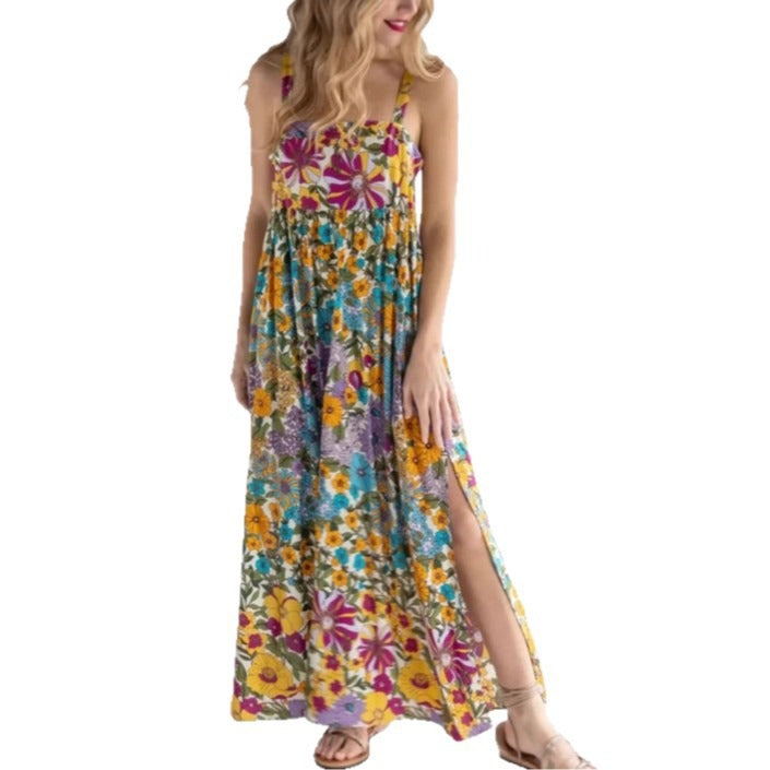 Robe Longue Femme Fleurie Fente Latérale – Légère Sans Manches Bretelles Ajustables