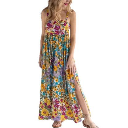 Robe Longue Femme Fleurie Fente Latérale – Légère Sans Manches Bretelles Ajustables