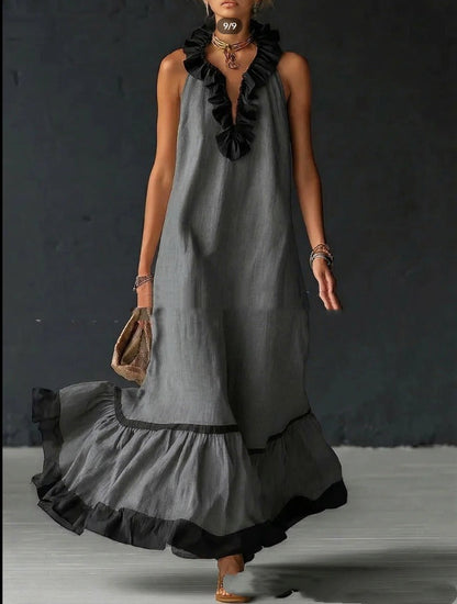 Robe Maxi Femme à Volants en Coton – Silhouette Trapèze Sans Manches