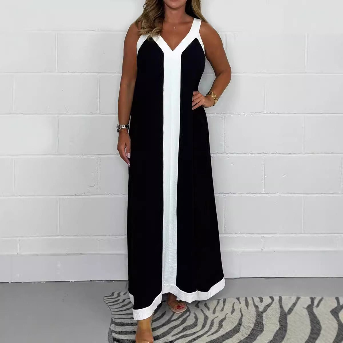 Robe Longue Femme sans Manches Bicolore – Col V Coupe Ample