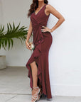 Robe Maxi Femme Col V Nœud – Fente Haute Silhouette Fluide