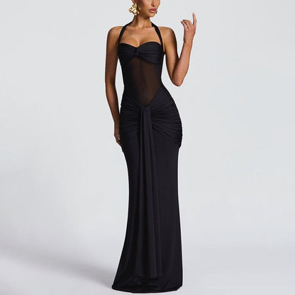 Robe Longue Moulante Froncée pour Femme – Robe de Soirée à Empiècement Transparent
