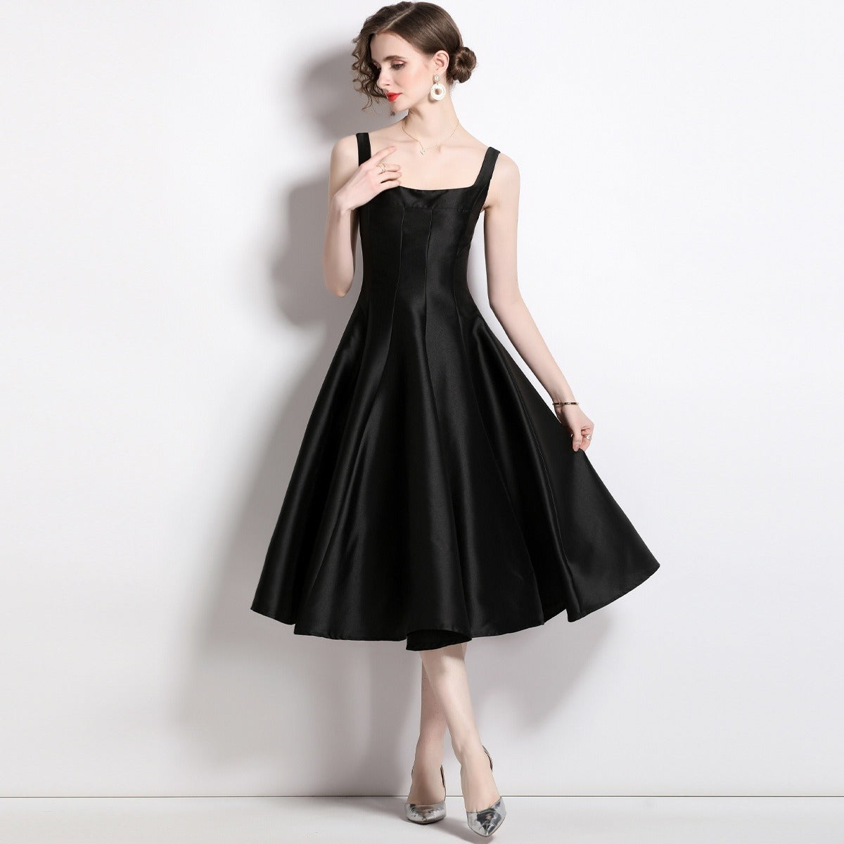 Robe Midi Femme à Bretelles Vintage – Coupe Ajustée Sans Manches